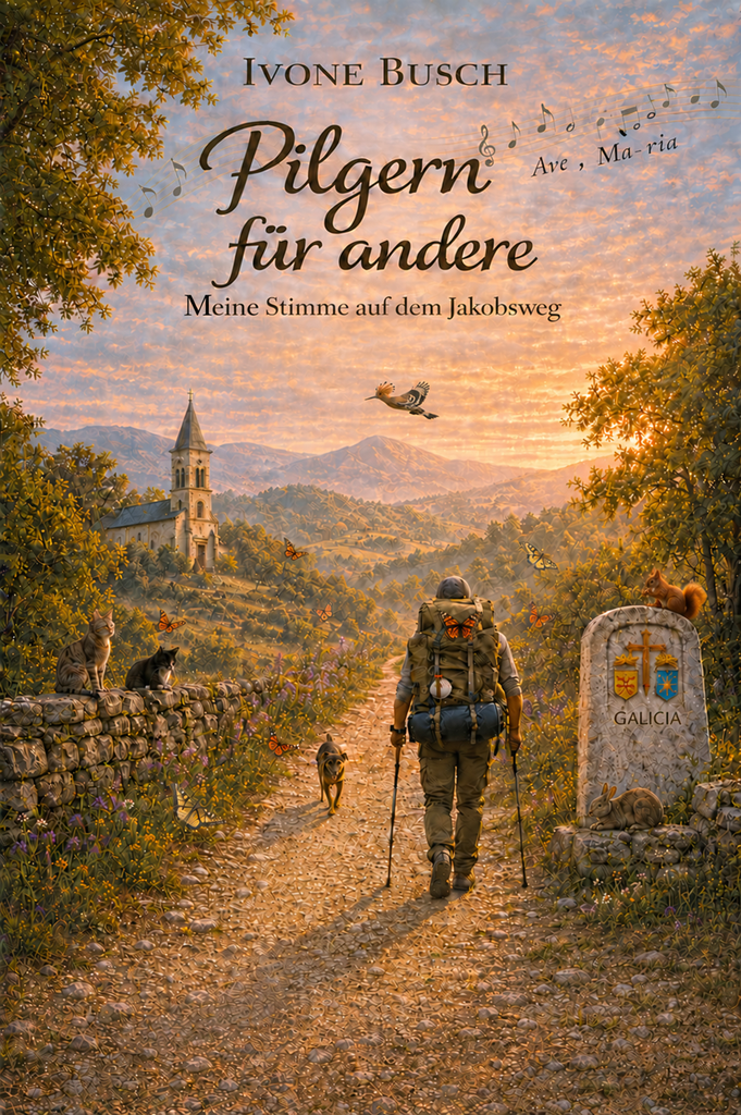 Buchcover von ‚Pilgern für andere‘ von Ivone Busch. Eine Pilgerin mit Rucksack und Wanderstöcken geht auf einem steinigen Weg durch eine hügelige Landschaft im warmen Abendlicht. Links sitzt eine Steinmauer mit zwei Katzen, rechts ein Wegweiser mit der Aufschrift ‚GALICIA‘ und einem Wappen. Im Hintergrund steht eine kleine Kirche auf einem Hügel vor Bergen. Der Himmel ist von orangefarbenen Wolken bedeckt, durchzogen von Musiknoten. Ein Wiedehopf fliegt über dem Weg, Schmetterlinge und ein Eichhörnchen sind zu sehen. Untertitel: ‚Meine Stimme auf dem Jakobsweg‘